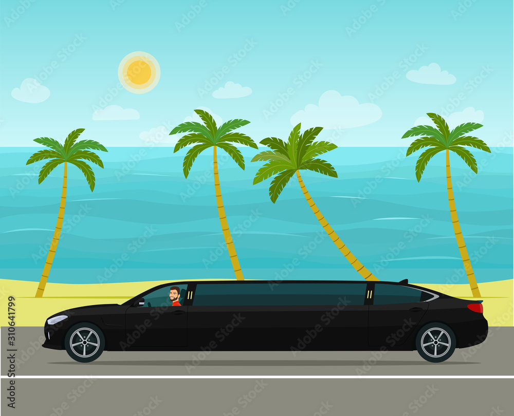 Limousine car on the background of a tropical sea landscape. Vector flat style illustration.