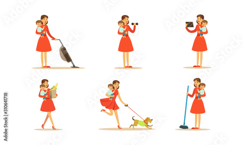Housewife Engaging in Different Domestic Works Vector Illustrations Set