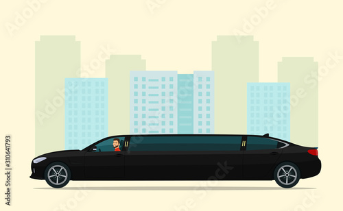 Limousine car with a driver man on a background of abstract cityscape. Vector flat style illustration.