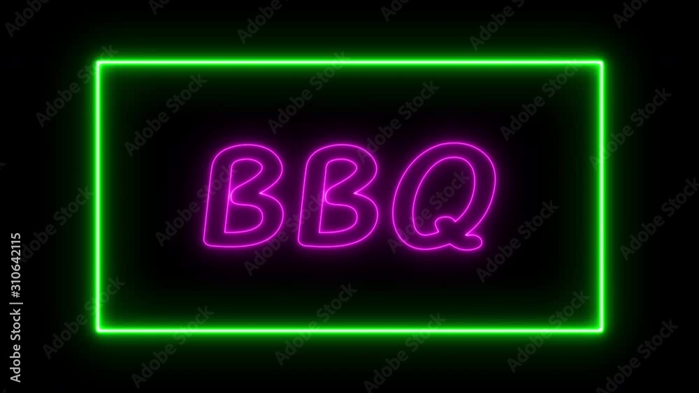 BBQ neon sign fluorescent light glowing on signboard background. Text BBQ by neon lights sign in dark night. The best stock of neon BBQ flickering, flash, blinking color black background