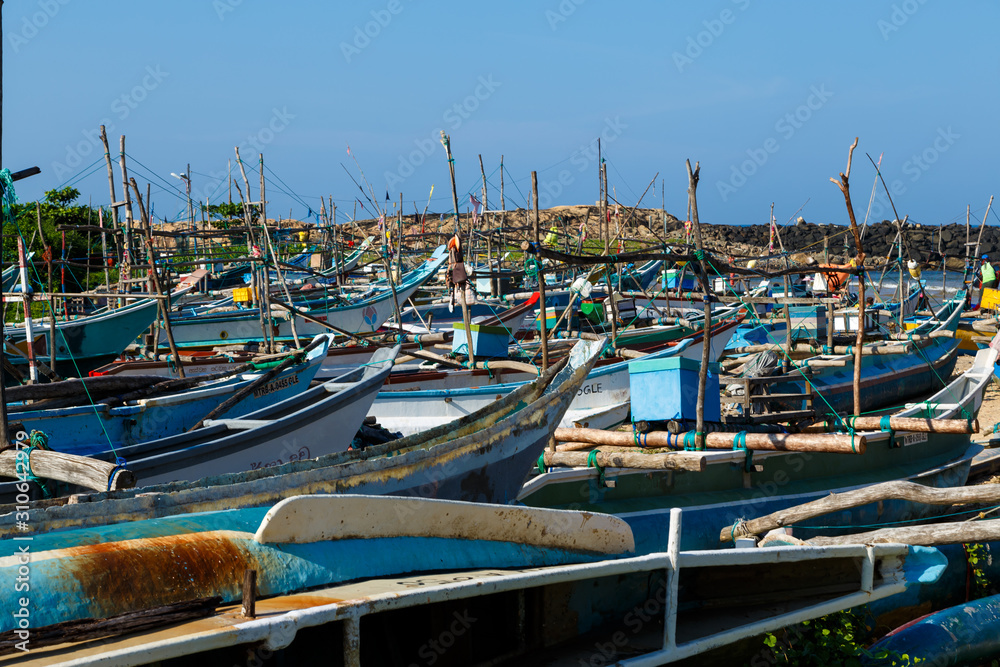huge number of fishing boats near fish market in the Gulf of Galle Sri Lanka