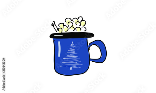  hand-drawn tea or coffee and marshmallow mug classic blue with x-mas tree. cute tea, coffee, Valentine Doodle art. use it as a clipart in cards, print on clothes, animation, packaging