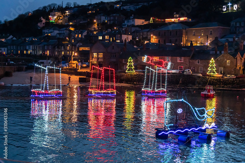Christmas lights in a harbour in Cornwall