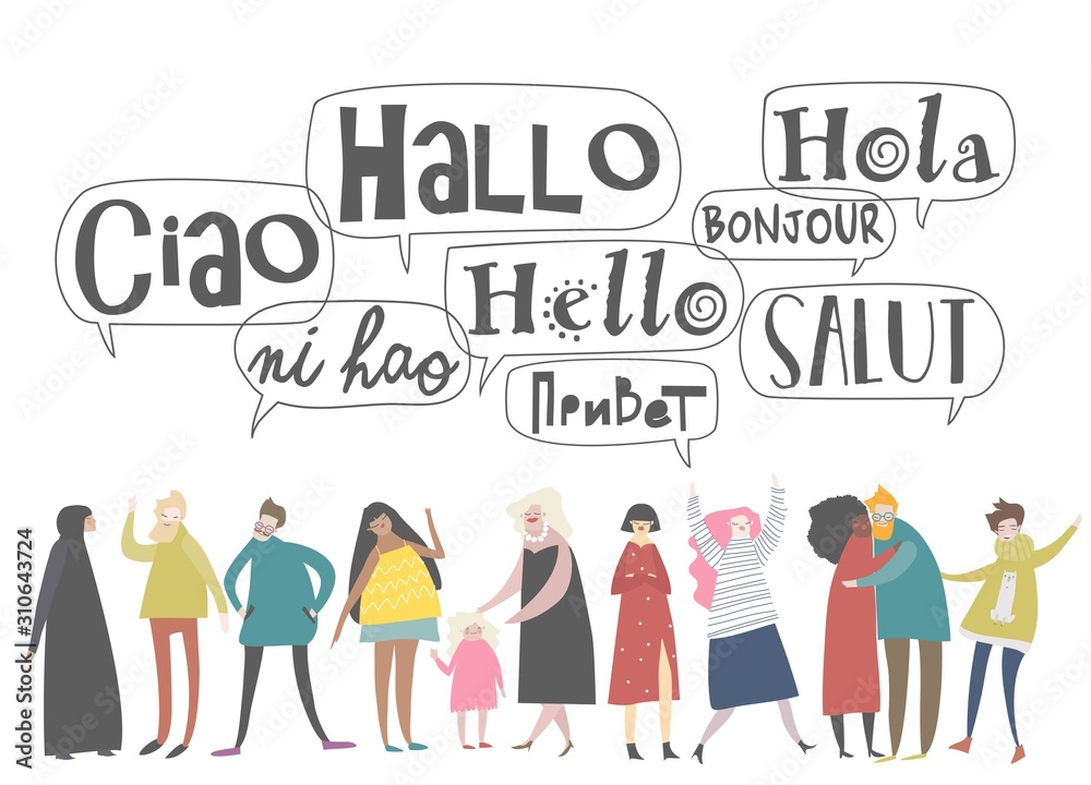 Group of cartoon people talking in different languages Group of cartoon people talking in different languages