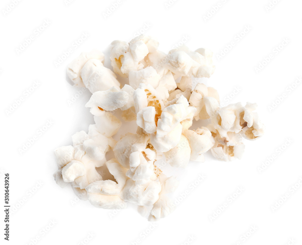 Tasty fresh pop corn isolated on white, top view Tasty fresh pop corn isolated on white, top view