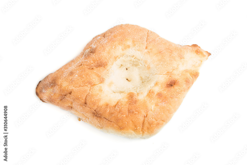Fresh ciabatta bread isolated on white background. top view