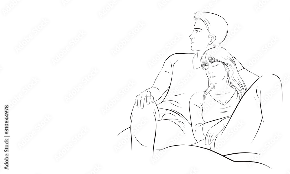 Cute love couple sitting on a chair. A good relationship in a happy fallen in love couple. Happy valentine or love in winter concept. vector illustration isolated cartoon hand drawn Cute love couple sitting on a chair. A good relationship in a happy fallen in love couple. Happy valentine or love in winter concept. vector illustration isolated cartoon hand drawn