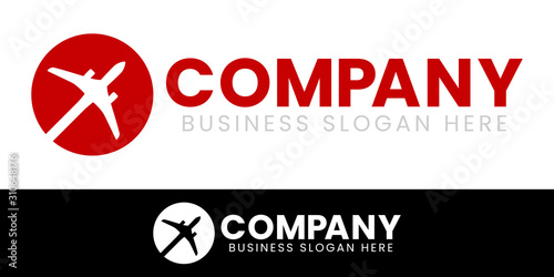 Dark Red World Travel Circle Airplane Silhouette Logo Design Set. For Flight, Airline or Holiday Tour Agency and Fly Transportation Company. Flat Sign Vector Illustration.