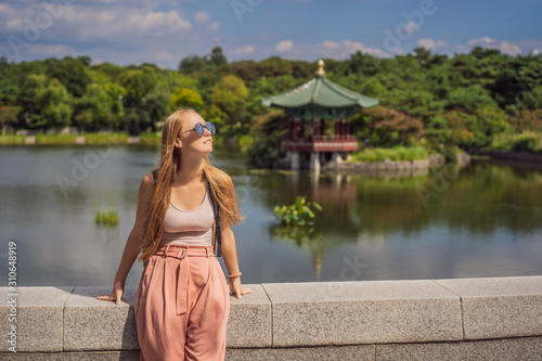 Woman tourist in korea. Korean palace grounds in Seoul, South Korea. Travel to Korea concept