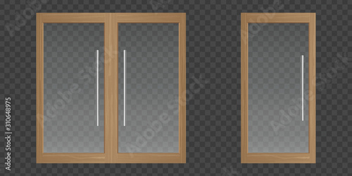 Clear glass doors with wooden frame for office, house or shop isolated on transparent background. Vector realistic set of single and double doors with metal handles. Modern store entrance