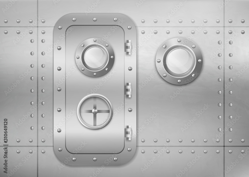 Metal door and porthole on wall in submarine, ship or spacecraft. Vector realistic interior of bunker or laboratory with window and closed stainless entrance with rotary valve lock wheel Metal door and porthole on wall in submarine, ship or spacecraft. Vector realistic interior of bunker or laboratory with window and closed stainless entrance with rotary valve lock wheel