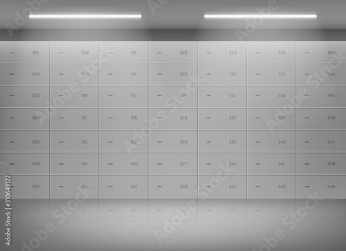 Deposit safe boxes in bank vault. Security lockers with metal door with number and keyhole in empty storage room. Vector illustration of depository cells for protection savings, money, gold