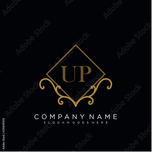 Initial letter UP logo luxury vector mark, gold color elegant classical