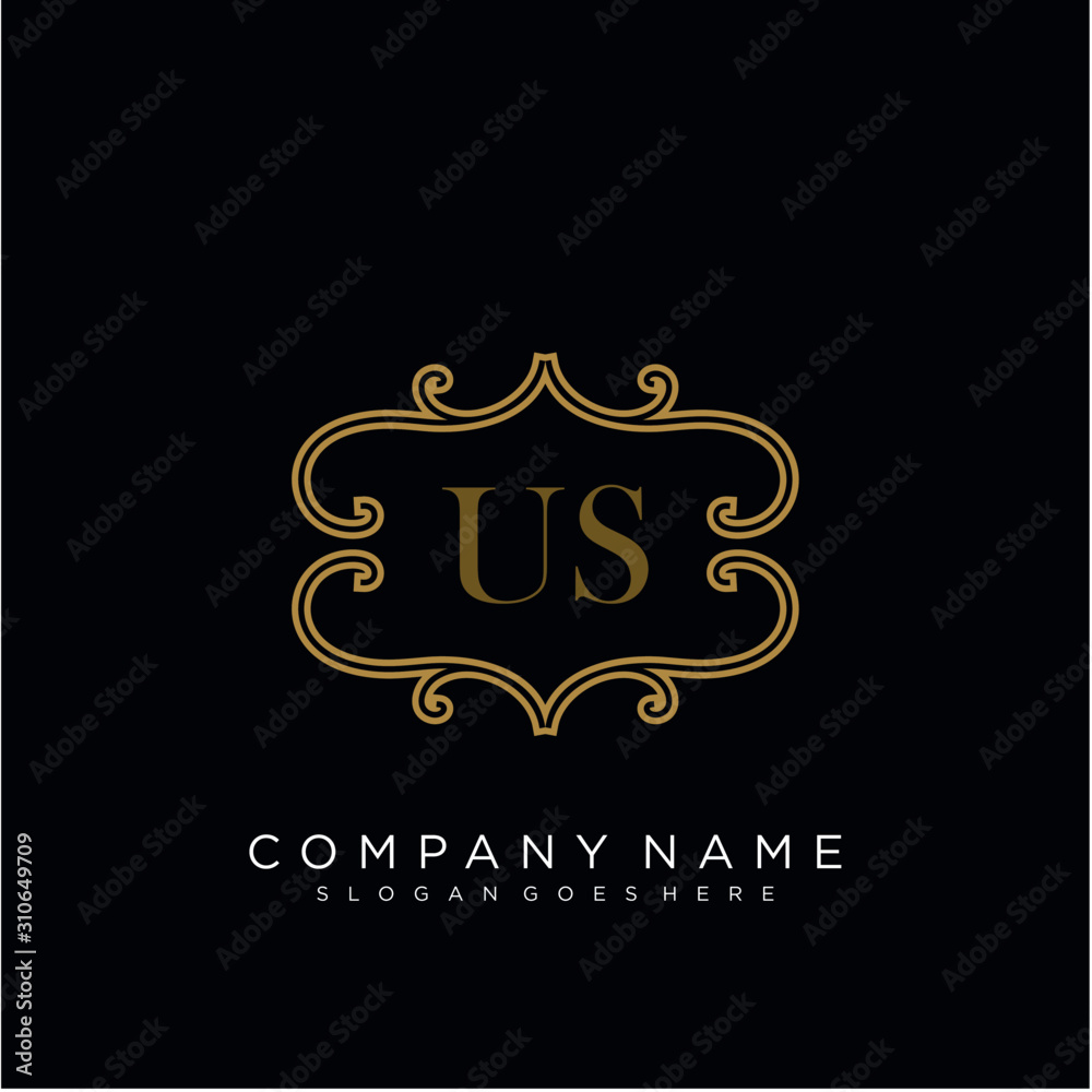 Initial letter US logo luxury vector mark, gold color elegant classical