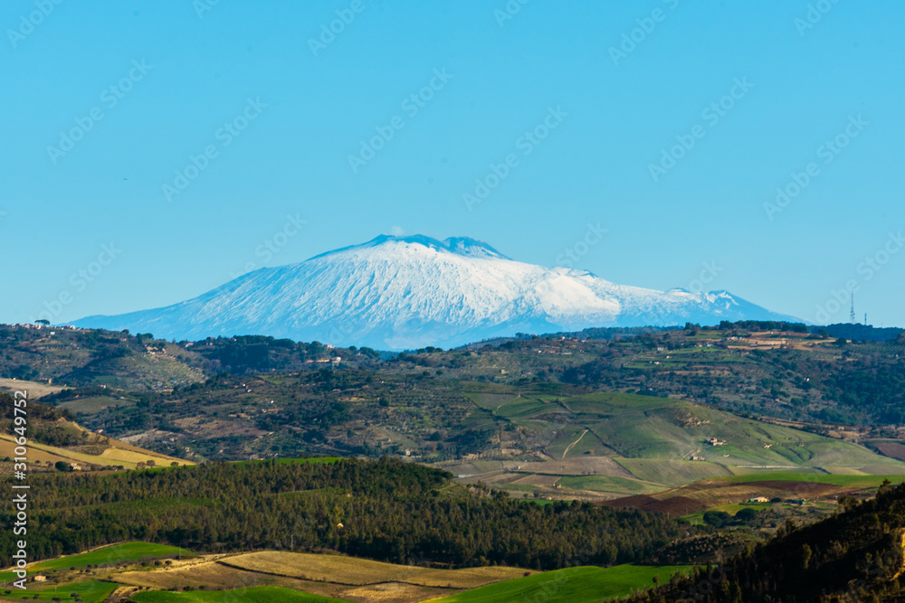 View of Mount Etna from Mazzarino, Caltanissetta, Sicily, Italy, Europe View of Mount Etna from Mazzarino, Caltanissetta, Sicily, Italy, Europe