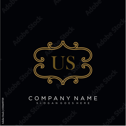 Initial letter US logo luxury vector mark  gold color elegant classical