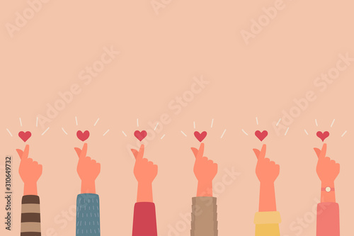 human hand raised up with mini heart teamwork concept vector flat illustration