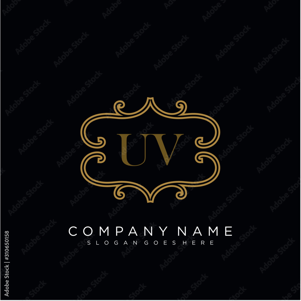 Initial letter UV logo luxury vector mark, gold color elegant classical