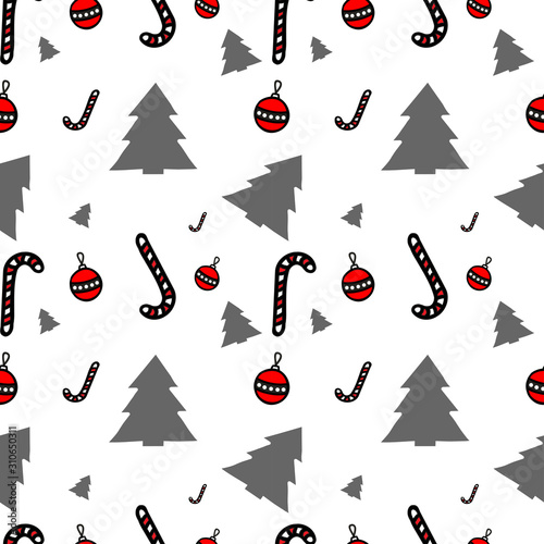 New Year's seamless pattern set - Christmas trees, sweets, Christmas tree balls on a white background