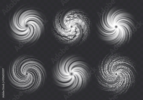 Hurricane swirls set isolated on a transparent background. White top view of dangerous natural disaster, cyclone, typhoon, tornado collection. Vector illustration.