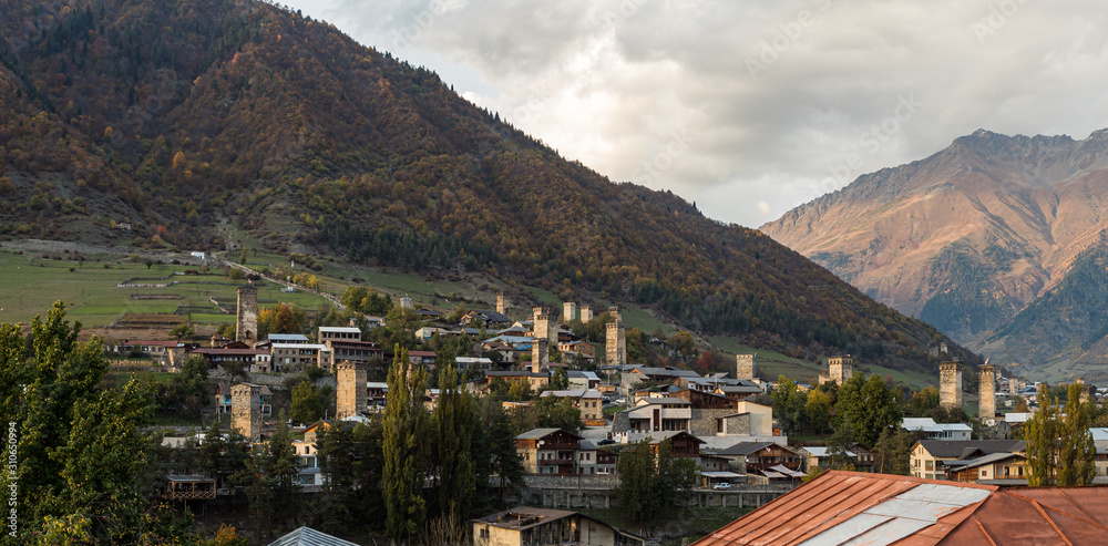 Evening  view of Mestia village in Svaneti in the mountainous part of Georgia