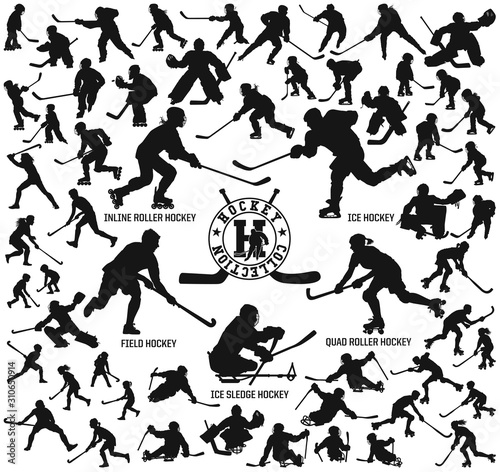 Men women children people play hockey inline ice quad field sledge vector silhouettes collection