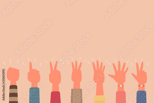 human hand raised up with different finger number sign teamwork concept, vector flat illustration