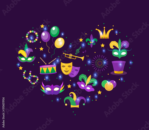 Mardi Gras icon set in heart shape. Template for greeting card, poster, flyer. Love, romance collection. Vector illustration
