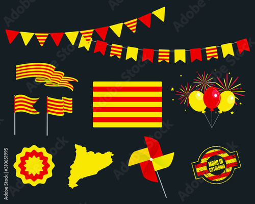 National holiday. Catalonia Independence Day set of vector design elements made in Catalonia. Map, flags, ribbons, turntables, sockets. Vector symbolism, set for your info graphic. 11 September photo