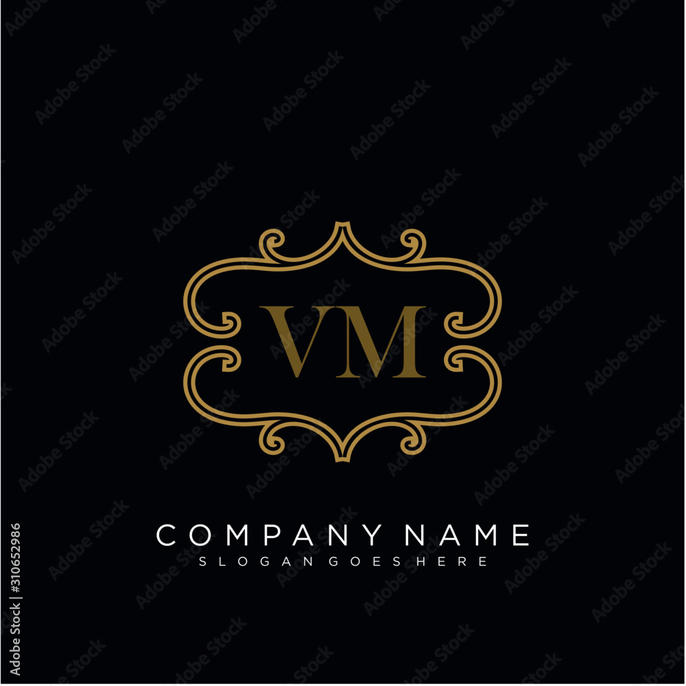 Initial letter VM logo luxury vector mark, gold color elegant classical 
