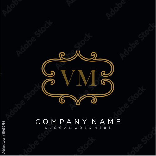 Initial letter VM logo luxury vector mark, gold color elegant classical 