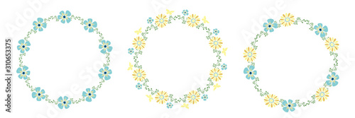 Vector round frame with place for text.Set of flower wreaths on white background.Hand drawn.