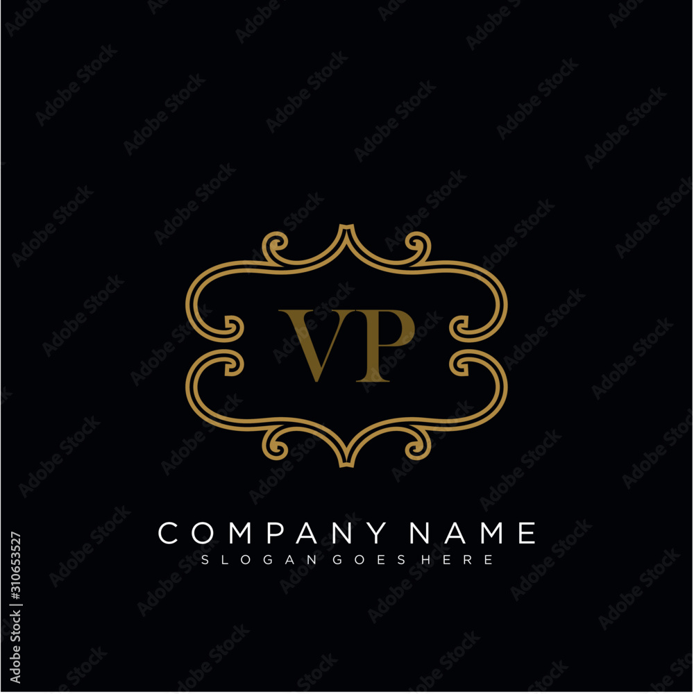 Initial letter VP logo luxury vector mark, gold color elegant classical 