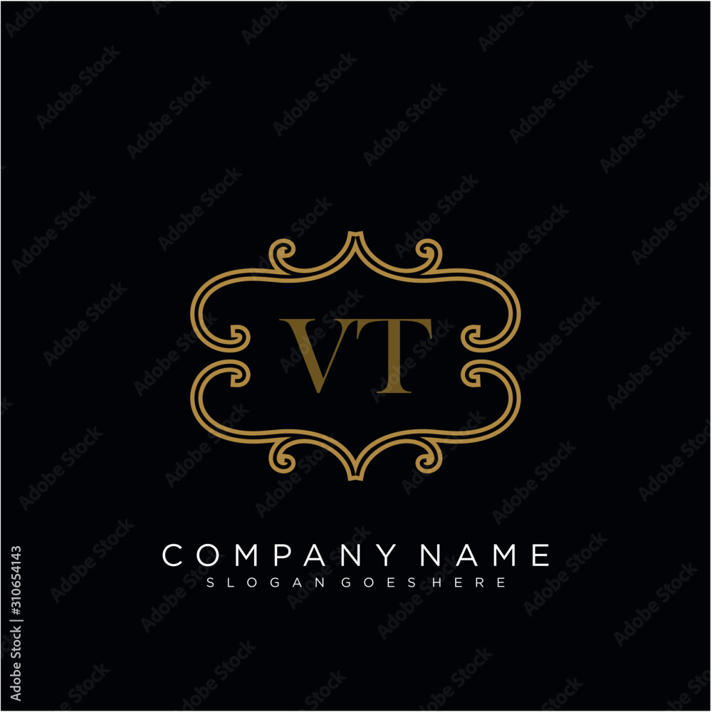 Initial letter VT logo luxury vector mark, gold color elegant classical 