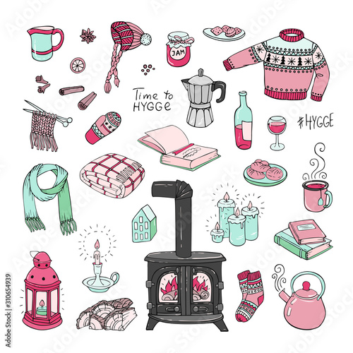 Vector illustration. Hand-drawn set of hygge doodles.