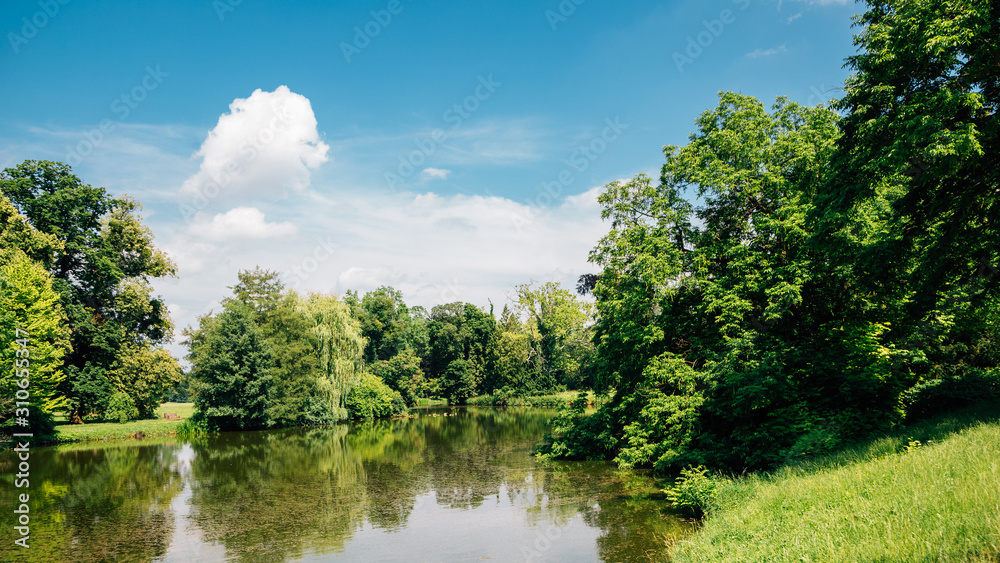 Castle Lednice garden lake at summer in Lednice, Czech Republic