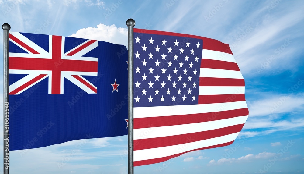 3D illustration of USA and New-Zealand flag