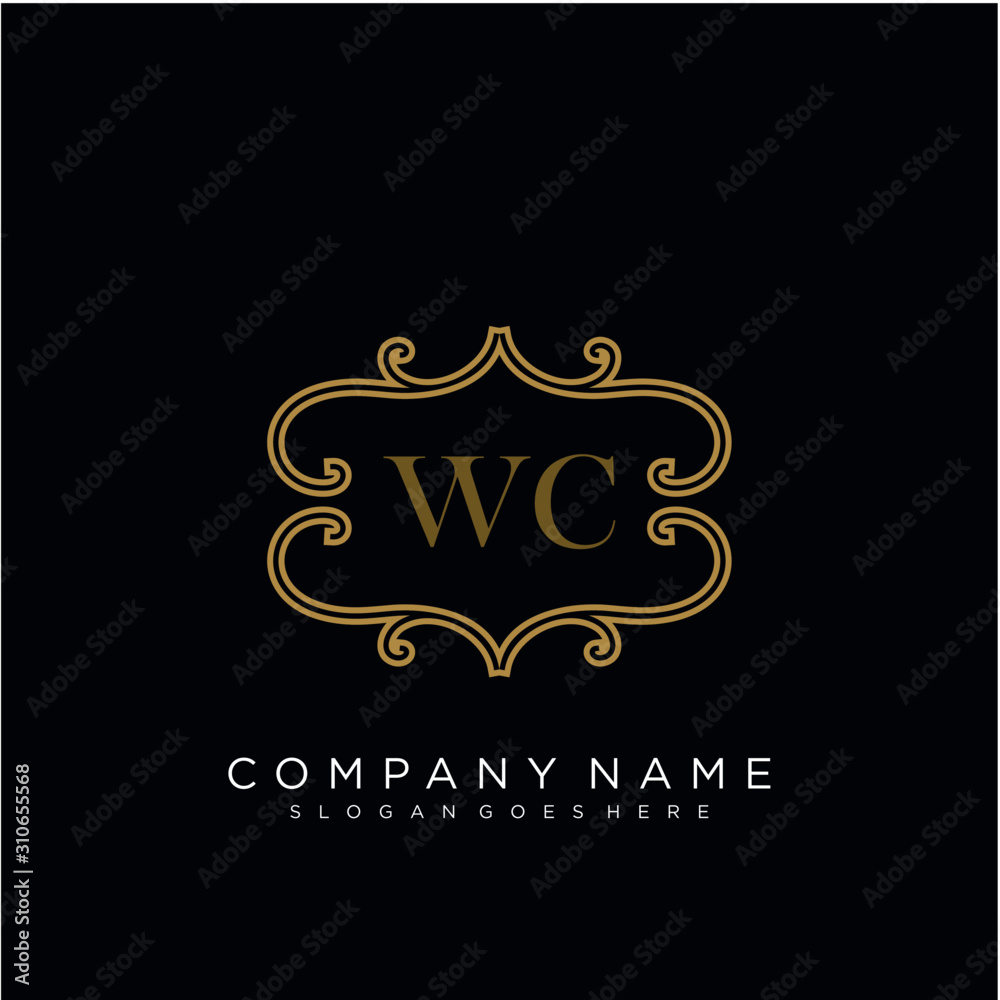 Initial letter WC logo luxury vector mark, gold color elegant classical 