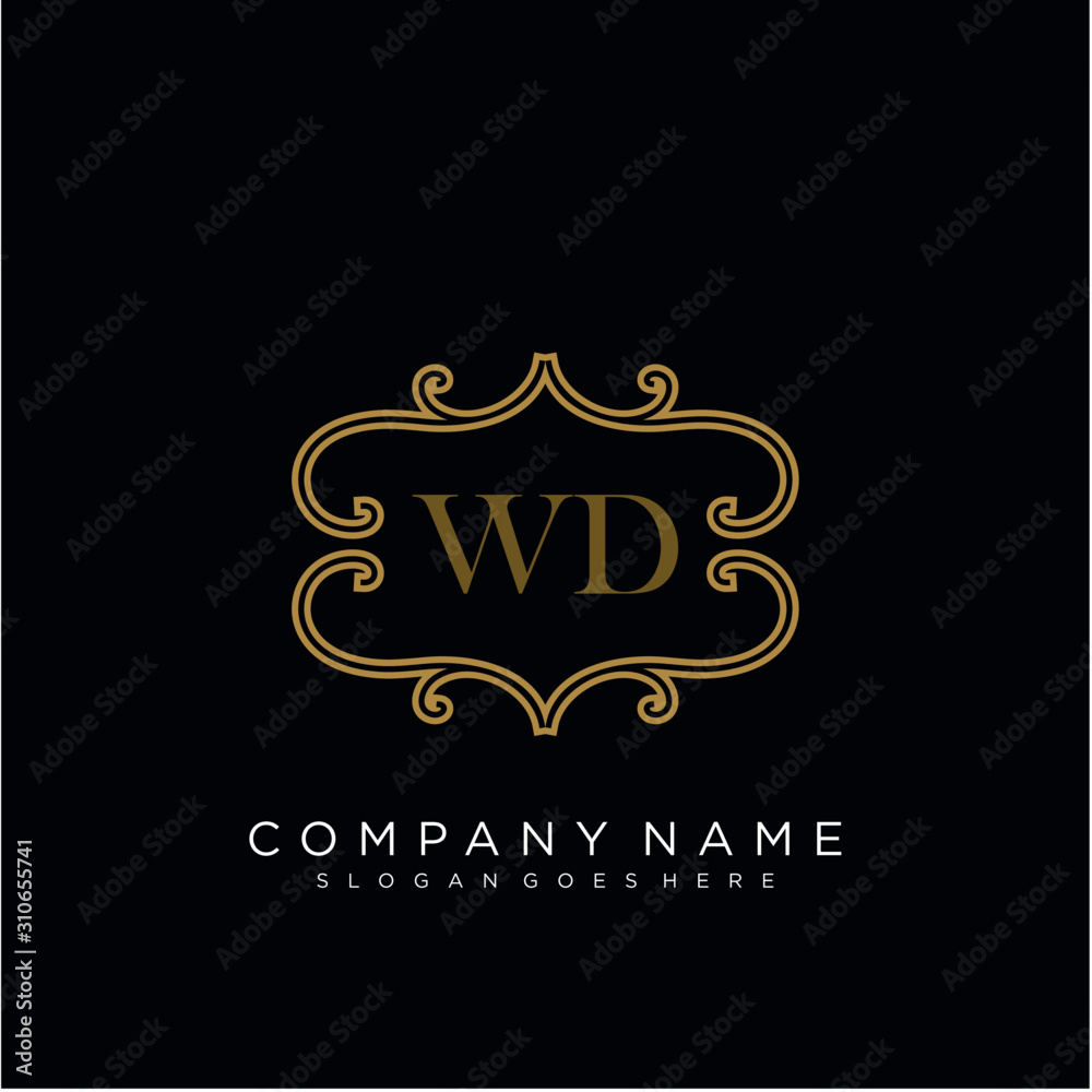 Initial letter WD logo luxury vector mark, gold color elegant classical 