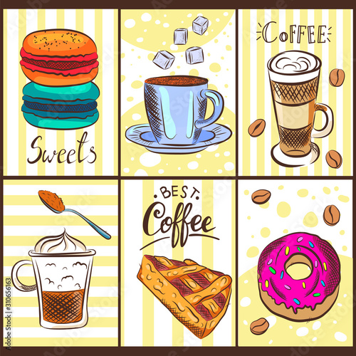 Hand Drawn Set Coffee Vector Illustration Breakfast. Vintage coffee objects for restaurant or cafe menu