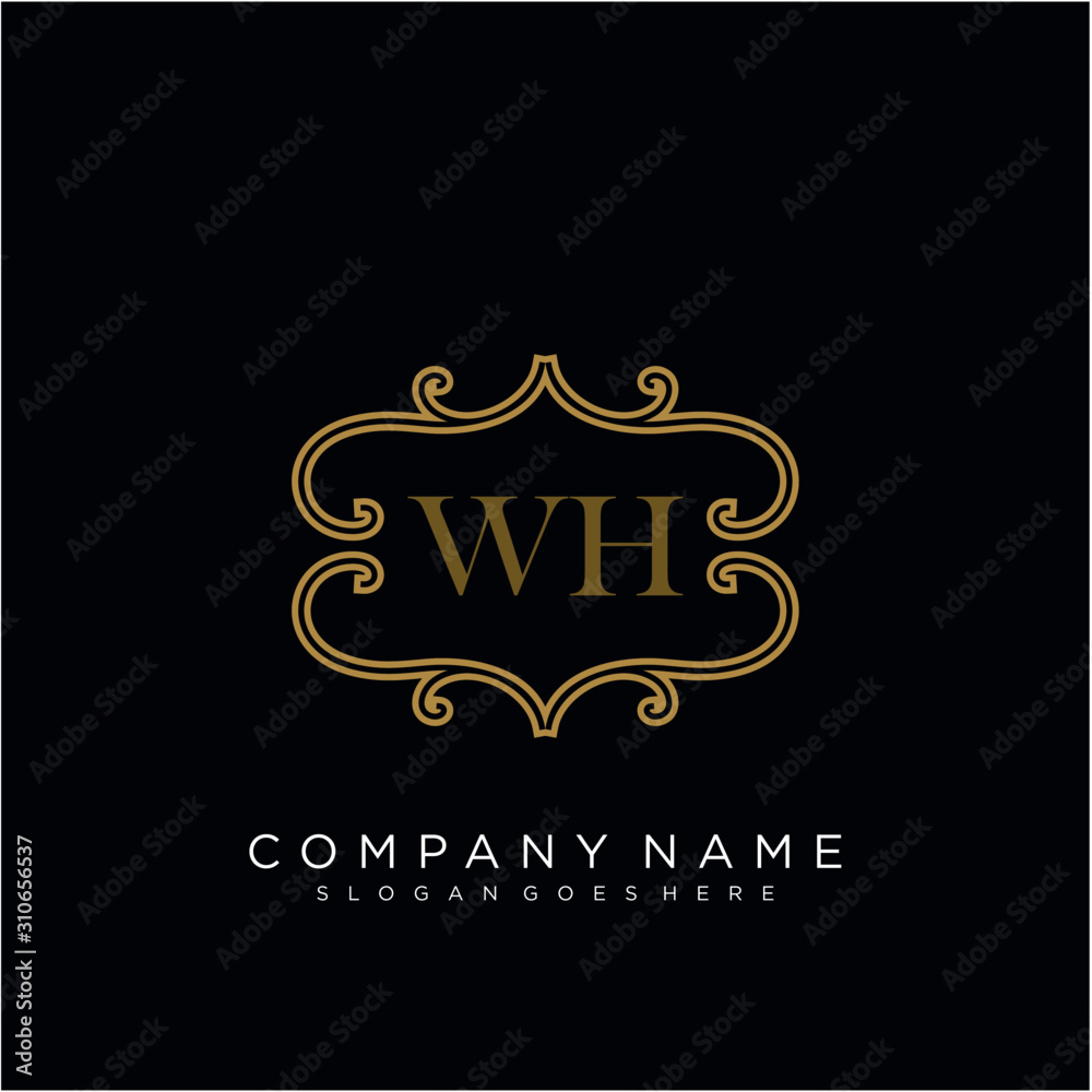 Initial letter WH logo luxury vector mark, gold color elegant classical