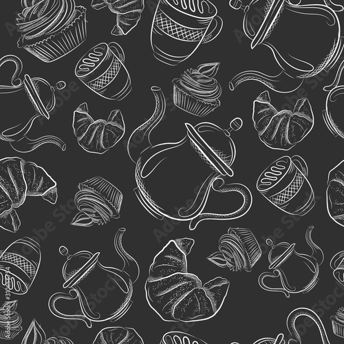 Cartoon hand-drawn doodles on the subject of cafe, coffee shop theme seamless pattern