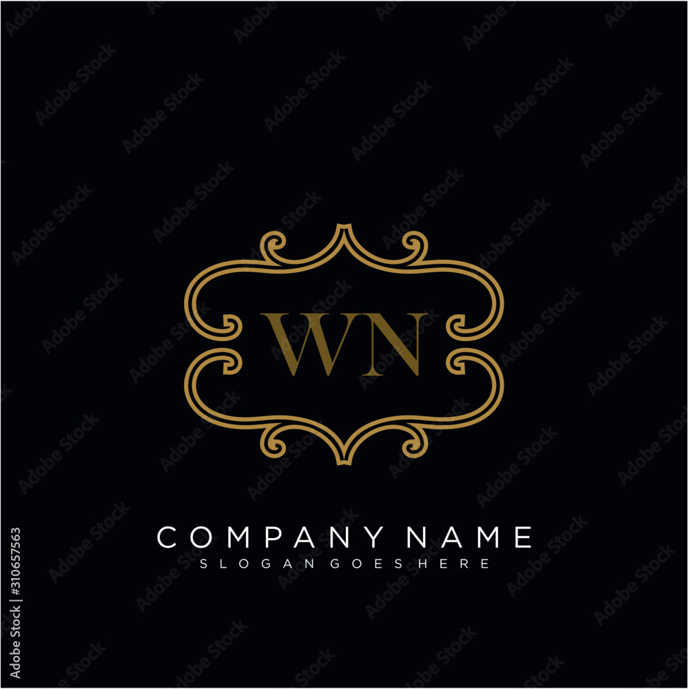 Initial letter WN logo luxury vector mark, gold color elegant classical
