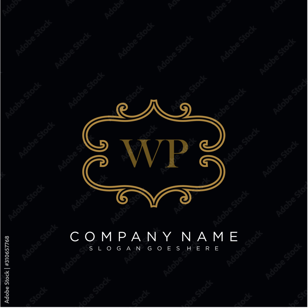 Initial letter WP logo luxury vector mark, gold color elegant classical