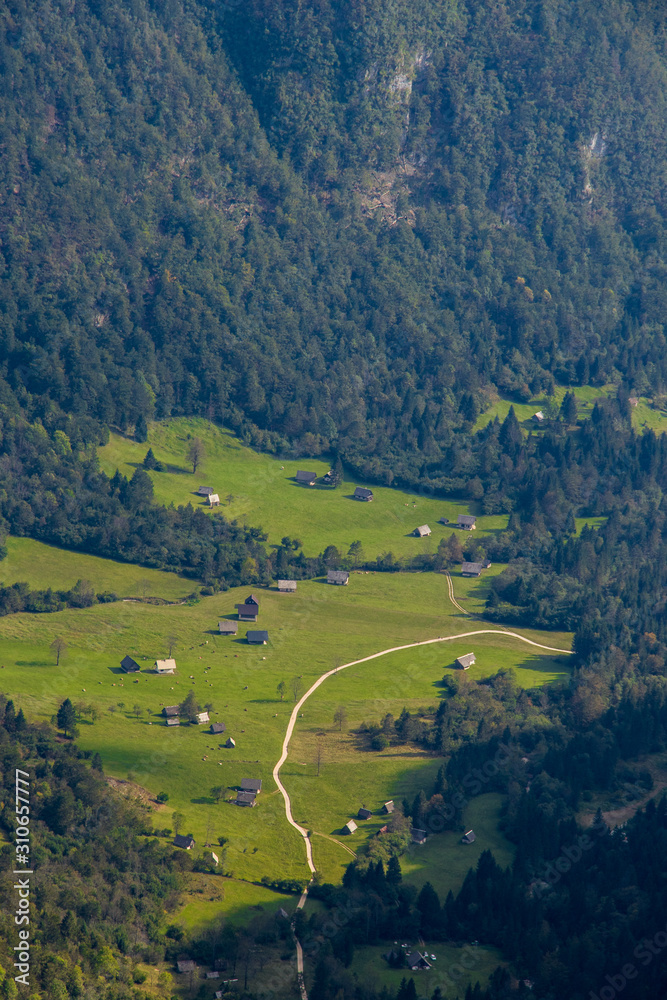 Mountain pasture Voje aerial view