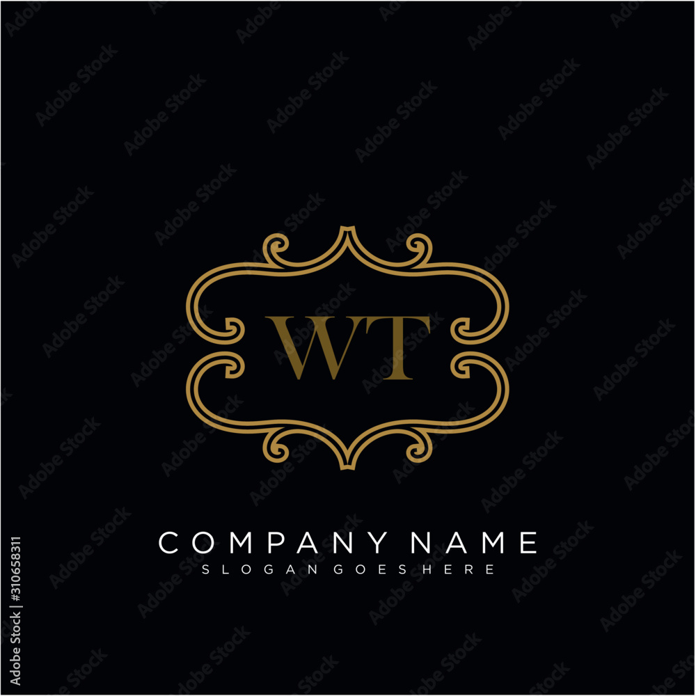 Initial letter WT logo luxury vector mark, gold color elegant classical