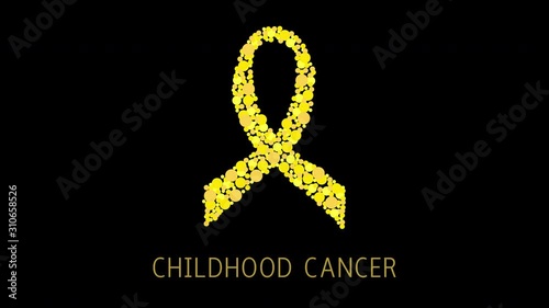  Childhood cancer awareness animation. Yellow ribbon made of dots on white background. Medical concept. Seamless loop motion graphics with alpha channel.