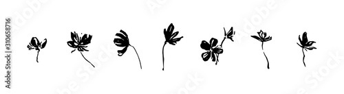 Set of hand drawn simple tree flowers. Grunge style brush painting vector silhouette. Black isolated vector on white background.