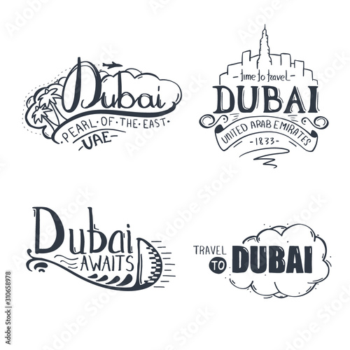 Set of Travel to Dubai letterings. Calligraphy graphic design element.