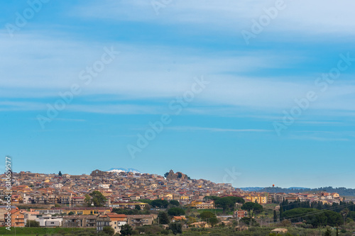 Cityscape of Mazzarino with the Mount Etna in the Background, Caltanissetta, Sicily, Italy, Europe